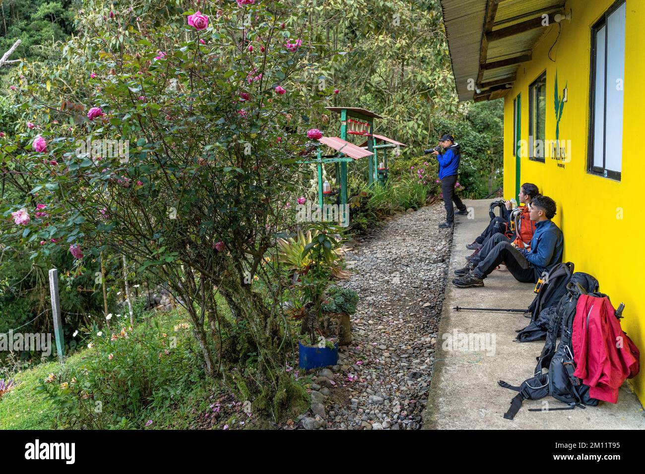Amérique du Sud, Colombie, Departamento Antioquia, Andes colombiennes, Urrao, ramo del sol, les randonneurs font une pause au sanctuaire de ProAves Banque D'Images