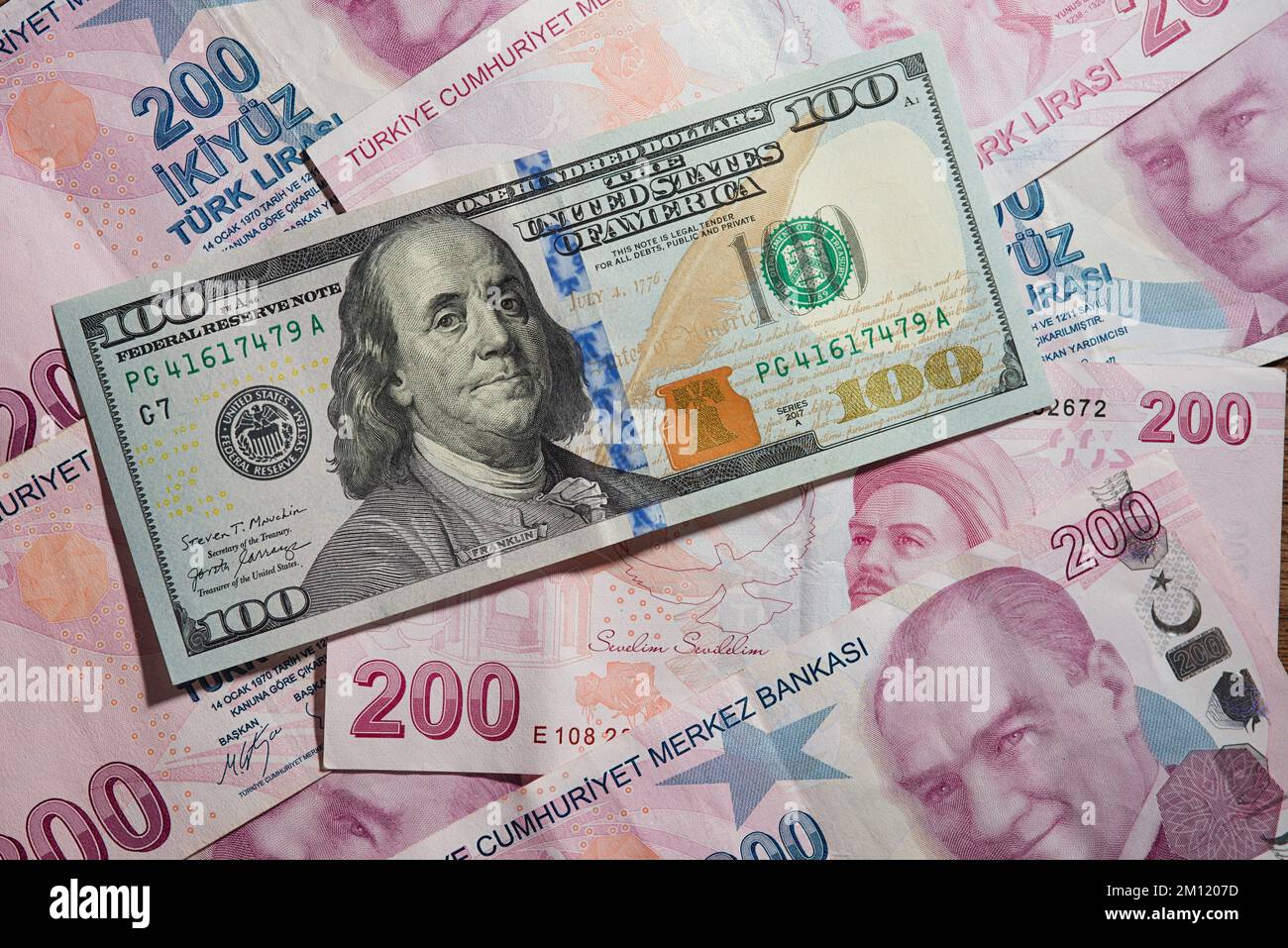 Cent dollars sur le fond de 200 lira bills de Turquie Banque D'Images