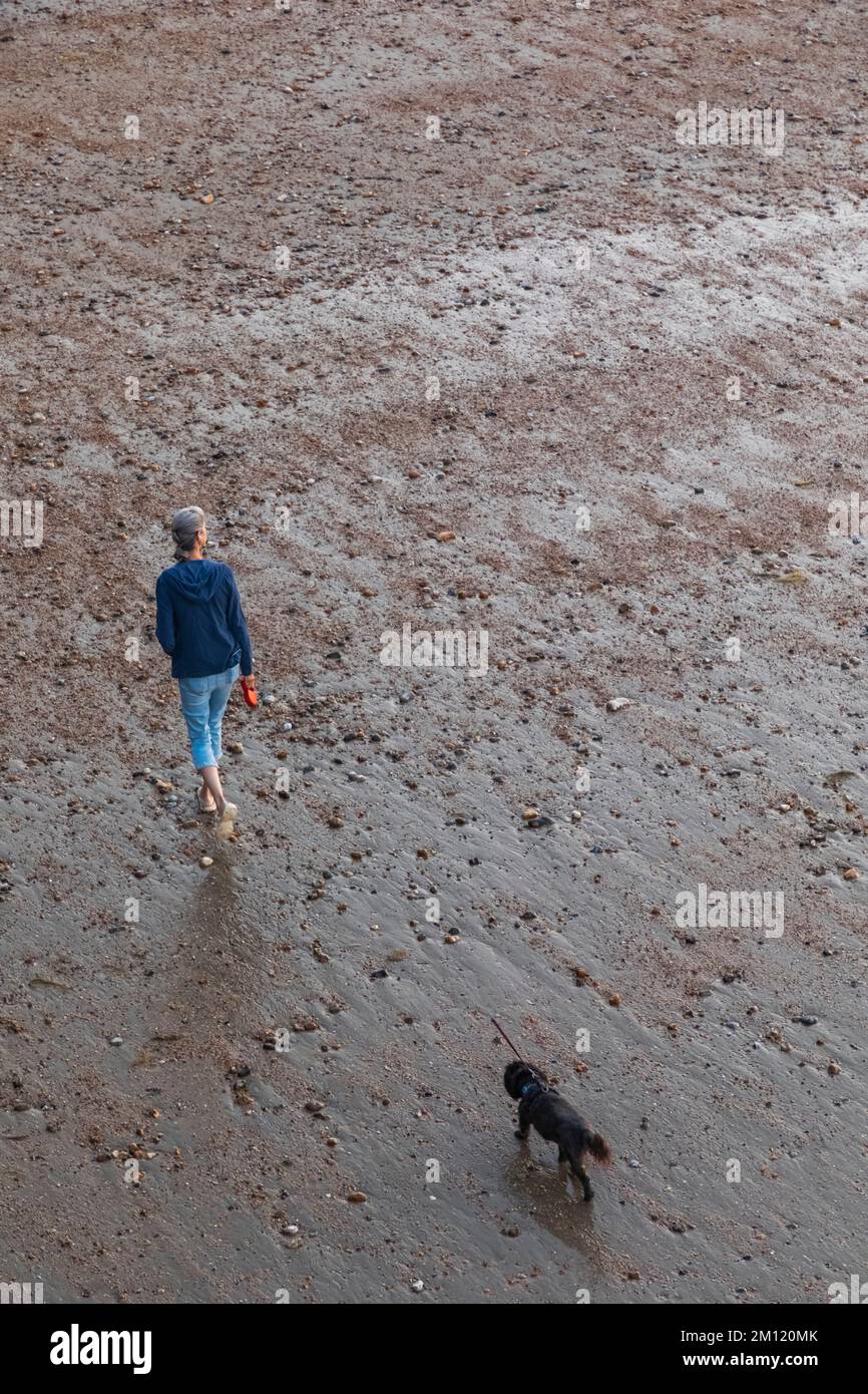 Angleterre, West Sussex, Bognor Regis, femme marchant avec un chien sur la plage de Bognor Regis Banque D'Images