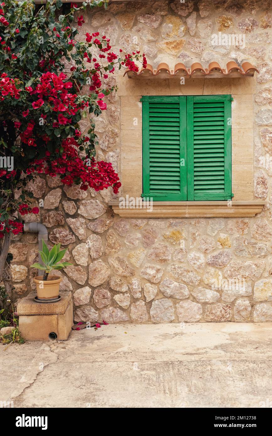 Façade de maison méditerranéenne avec bougainvilliers rouge à Majorque, Espagne Banque D'Images