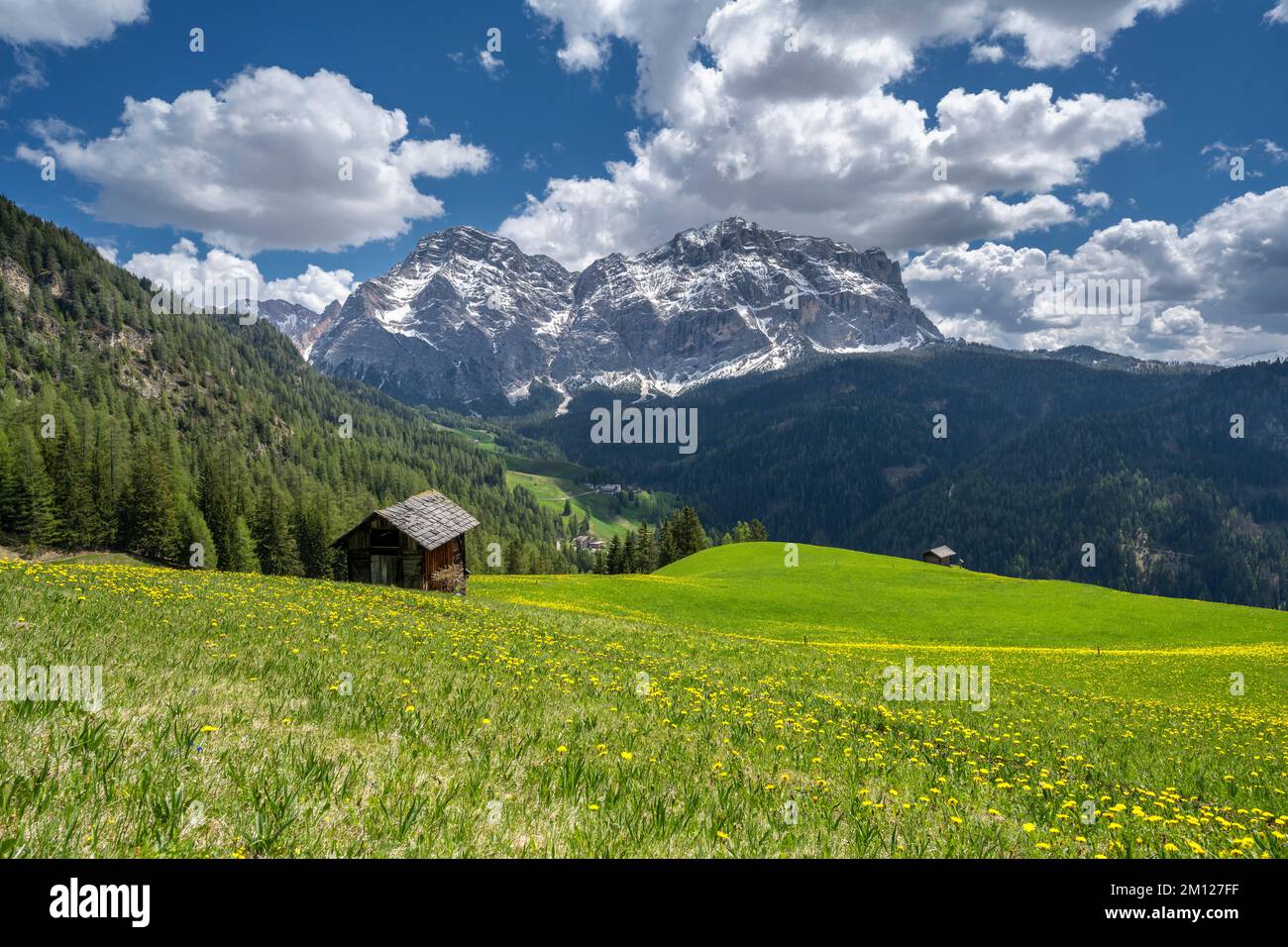 Wengen, haute abbaye, province de Bolzano, Tyrol du Sud, Italie. Grange dans les champs au-dessus du village de montagne de Wengen. Banque D'Images