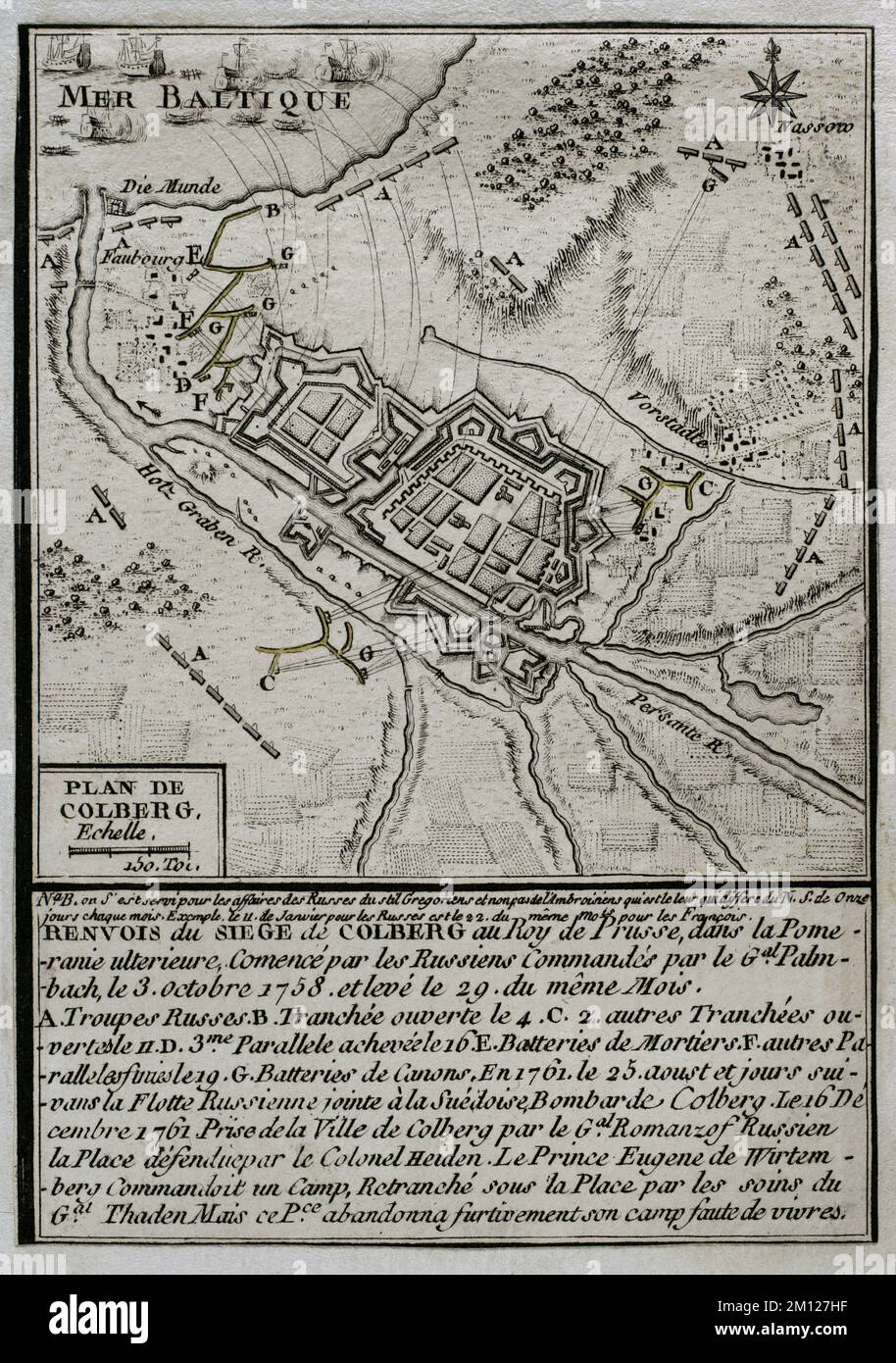 Guerre de sept ans (1756-1763). Carte du siège de Colberg (du 3 au 29 octobre 1758). Ville prussienne dans le Brandebourg, dans Pomerania. Les troupes russes sous Palmenbach ont tenté sans succès de s'emparer de la ville. Publié en 1765 par le cartographe Jean de Beaurain (1696-1771) comme illustration de sa Grande carte d'Allemagne, avec les événements qui ont eu lieu pendant la guerre de sept ans. Gravure. Édition française, 1765. Bibliothèque historique militaire de Barcelone (Biblioteca Histórico Militar de Barcelone). Catalogne. Espagne. Banque D'Images