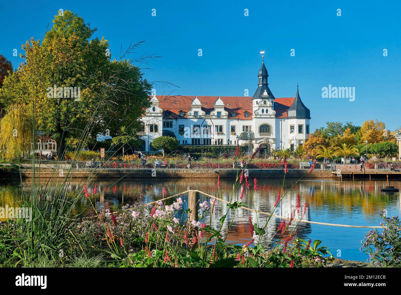 Maison thermale avec étang de cygne à Bad Schmiedeberg, Saxe-Anhalt, Allemagne, Europe Banque D'Images