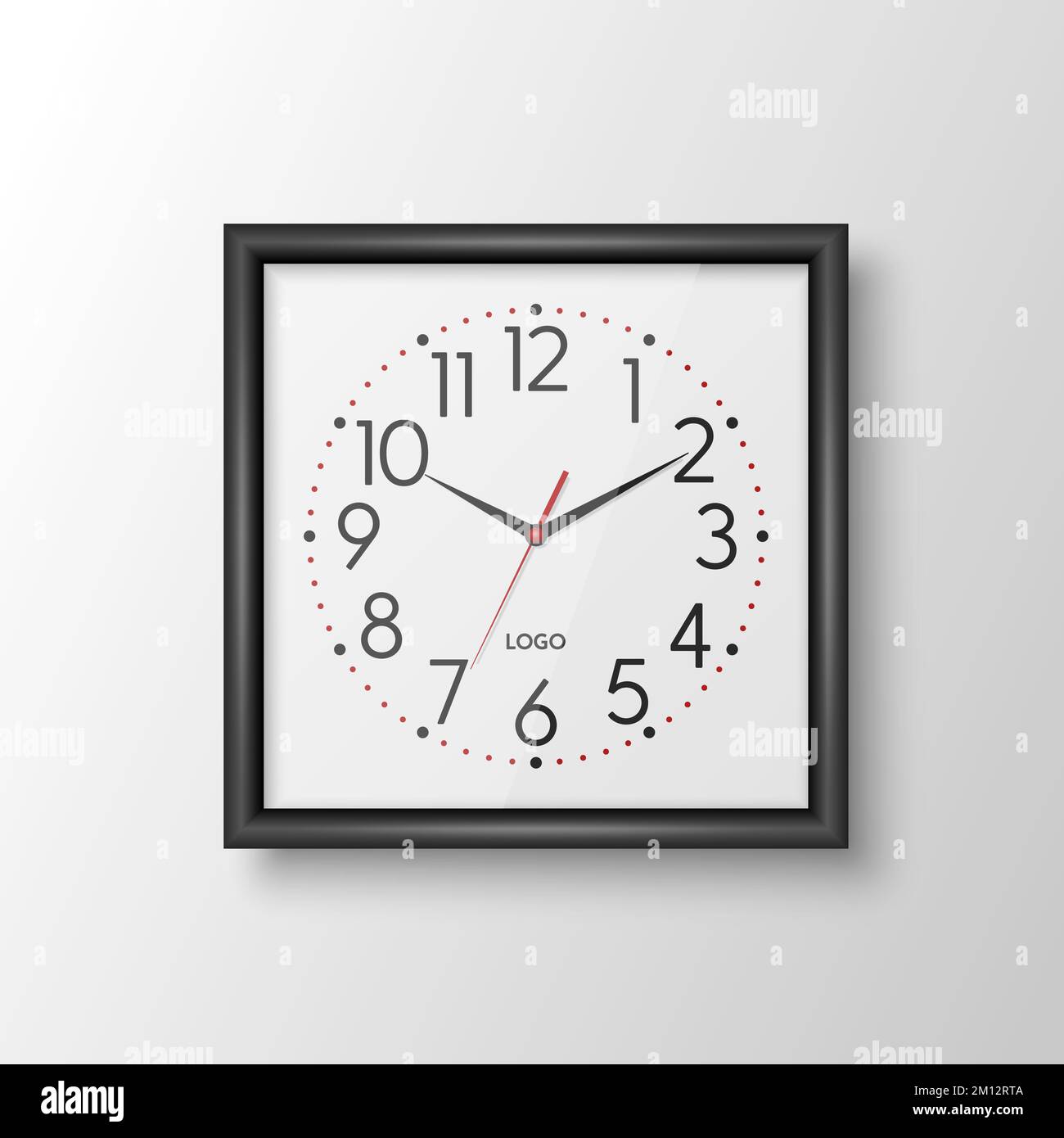 Vector 3D, horloge de bureau à mur carré noir réaliste, modèle de conception isolé. Cadre blanc, cadran blanc, maquette d'horloge murale pour marquage et Illustration de Vecteur