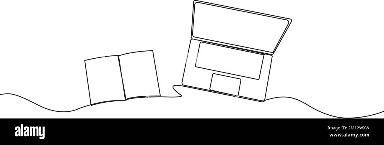 dessin continu d'un ordinateur portable et d'un livre ou journal, illustration vectorielle Illustration de Vecteur