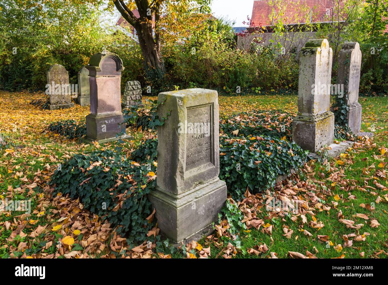 Allemagne, Gescher, Berkel, parc naturel Hohe Mark Westmuensterland, Muensterland, Westphalie, Rhénanie-du-Nord-Westphalie, cimetière juif, pierres tombales, spaetsommer, feuilles d'automne Banque D'Images