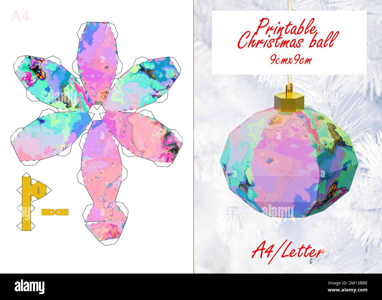 Coupez et collez le papier 3D a Christmas Tree ball. Bricolage jouet de Noël. Imprimez le modèle sur une feuille A4 ou Letter et obtenez la taille de chiffre de 9 cm Banque D'Images