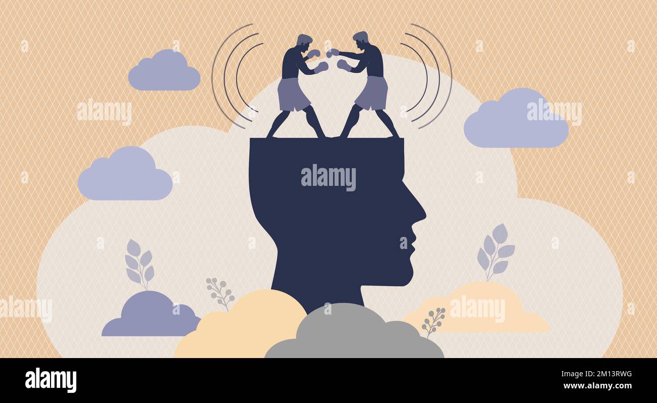 Dissonance cognitive et conflits internes - quand les actions et les croyances se combattent les unes avec les autres - Illustration conceptuelle Banque D'Images