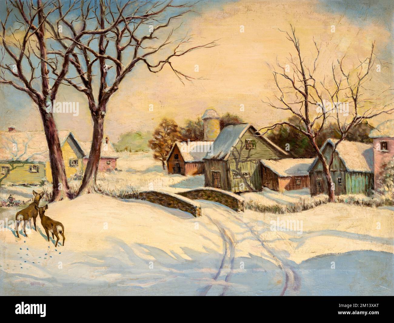 Peinture à l'huile vintage sur toile représentant un paysage de village avec des cerfs en hiver. Illustration de la carte de Noël. Banque D'Images