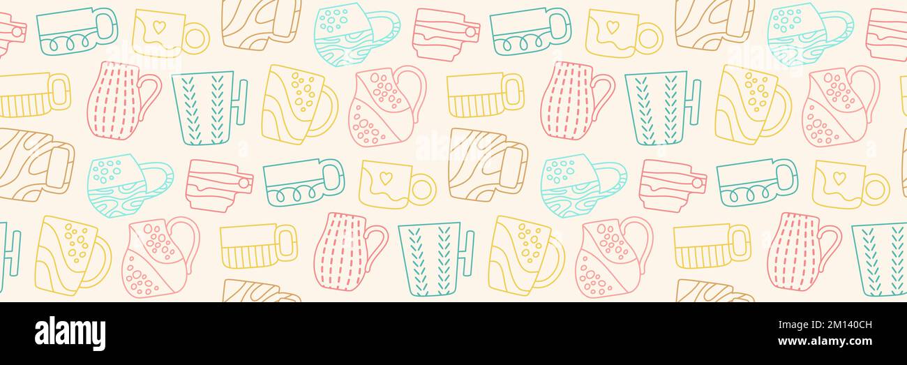 Tasse mug à motif élégant et sans coutures, papier peint contour simple. Vaisselle en céramique faite décoration linéaire sans fin. Tasses à thé, tasses à café boissons thé répéter vecteur de texture sans bornes Illustration de Vecteur