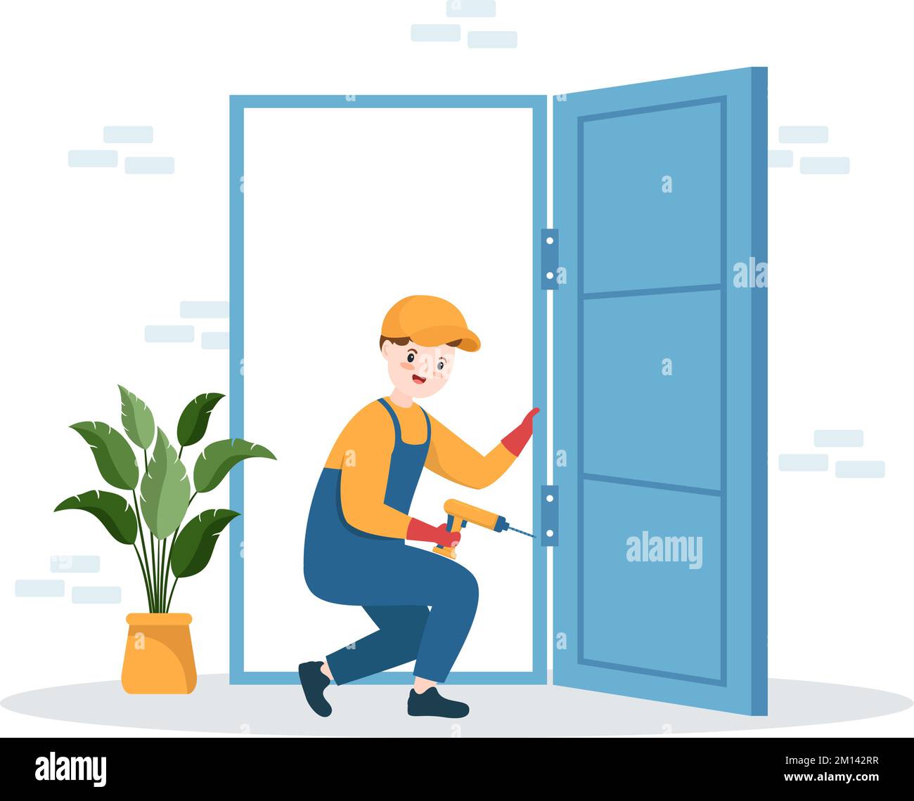 Service d'installation de fenêtres et de portes avec un employé pour la réparation et la rénovation à domicile utiliser les outils du dessin main du dessin animé à plat Illustration du modèle Illustration de Vecteur