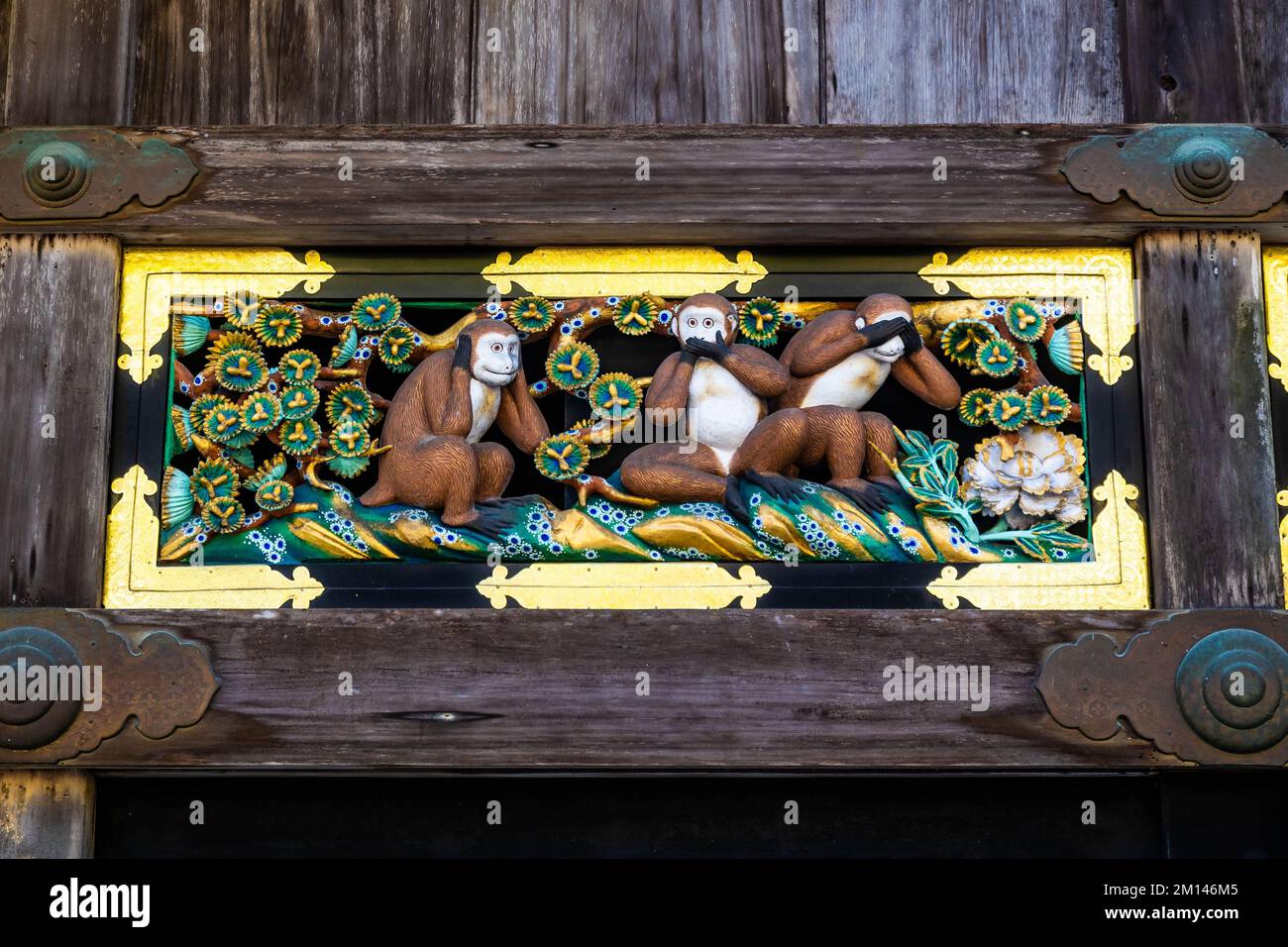 Trois Monkeys sanctuaire au complexe Toshogu à Nikko Japon à la journée Banque D'Images