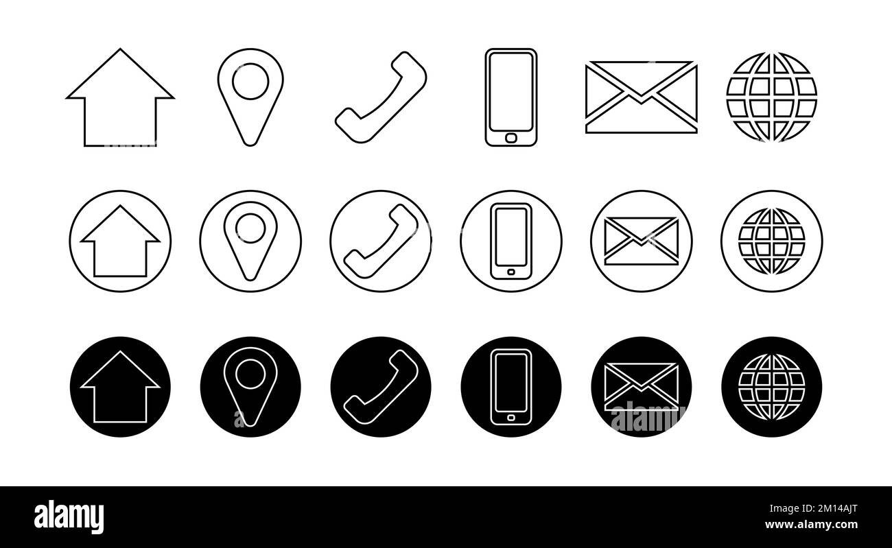 Icône Outline Contact Info définie pour les icônes Location PIN, téléphone, Web et téléphone portable et E-mail. Illustration de Vecteur