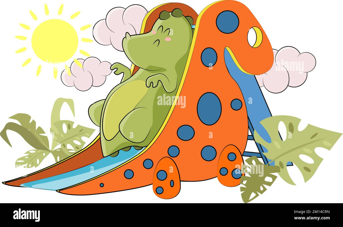 Un dinosaure vert a décidé de faire un toboggan Illustration de Vecteur