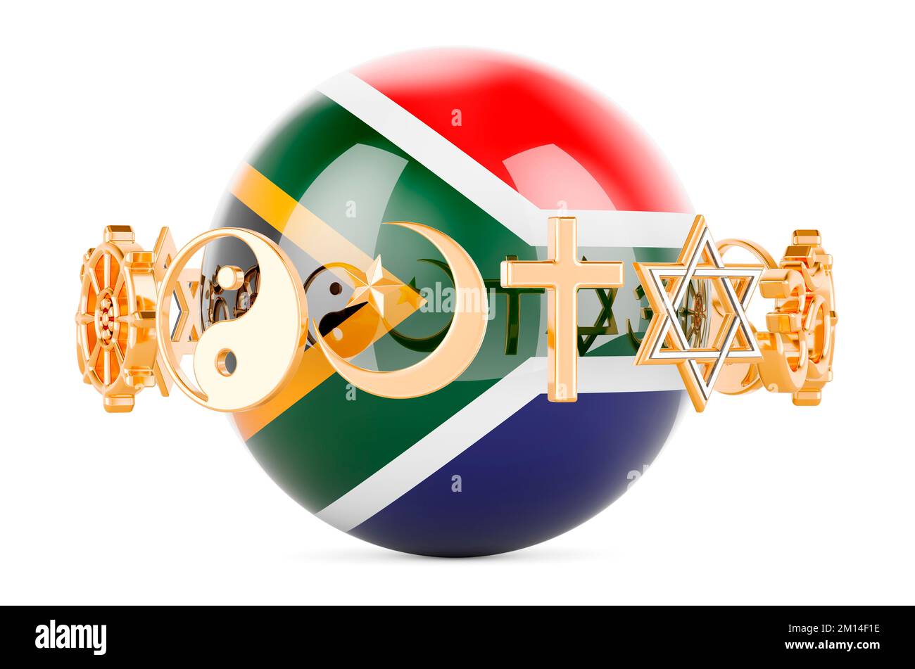Drapeau sud-africain peint sur sphère avec des symboles de religions autour, 3D rendant isolé sur fond blanc Banque D'Images
