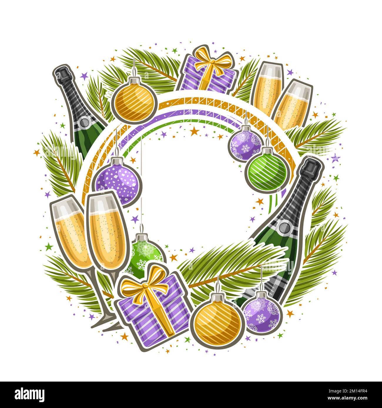 Cadre vectoriel pour le nouvel an avec espace de texte vierge pour le texte de félicitations, affiche avec illustration des branches d'épinette, paire de flûtes à vin, colorfu Illustration de Vecteur