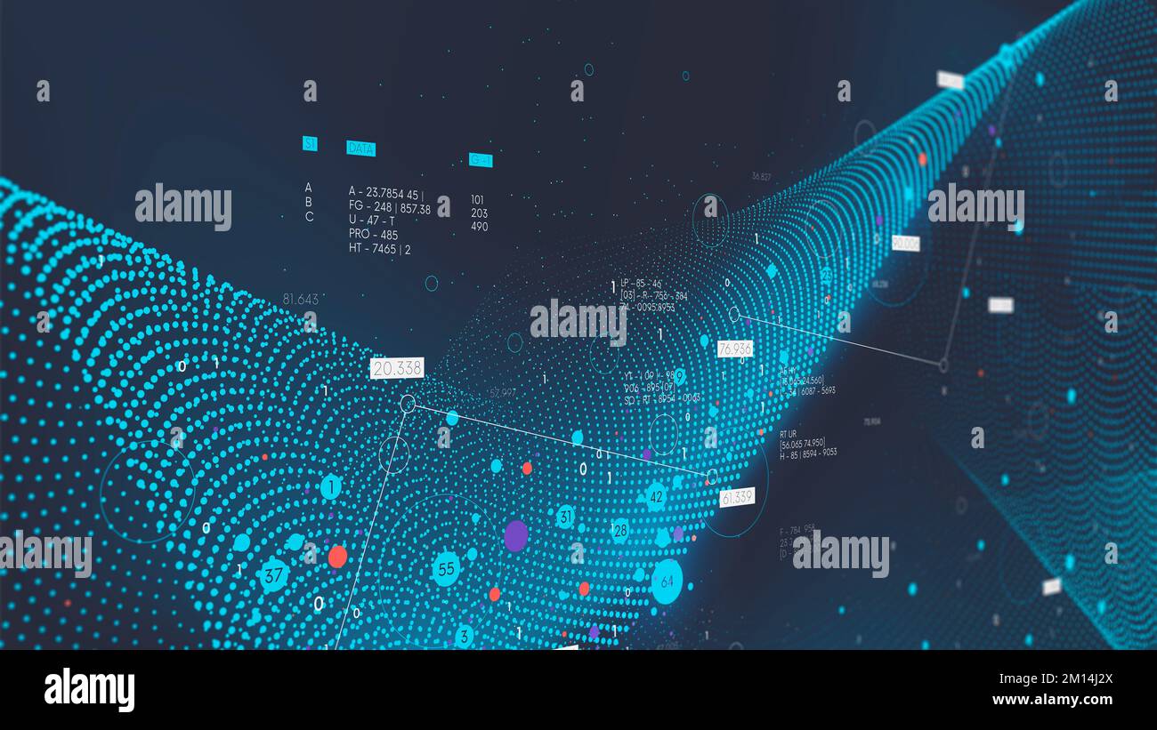 Collecte et analyse de flux d'informations Big Data, traitement de base de données par algorithmes informatiques et intelligence artificielle, écran de surveillance futuriste i Banque D'Images