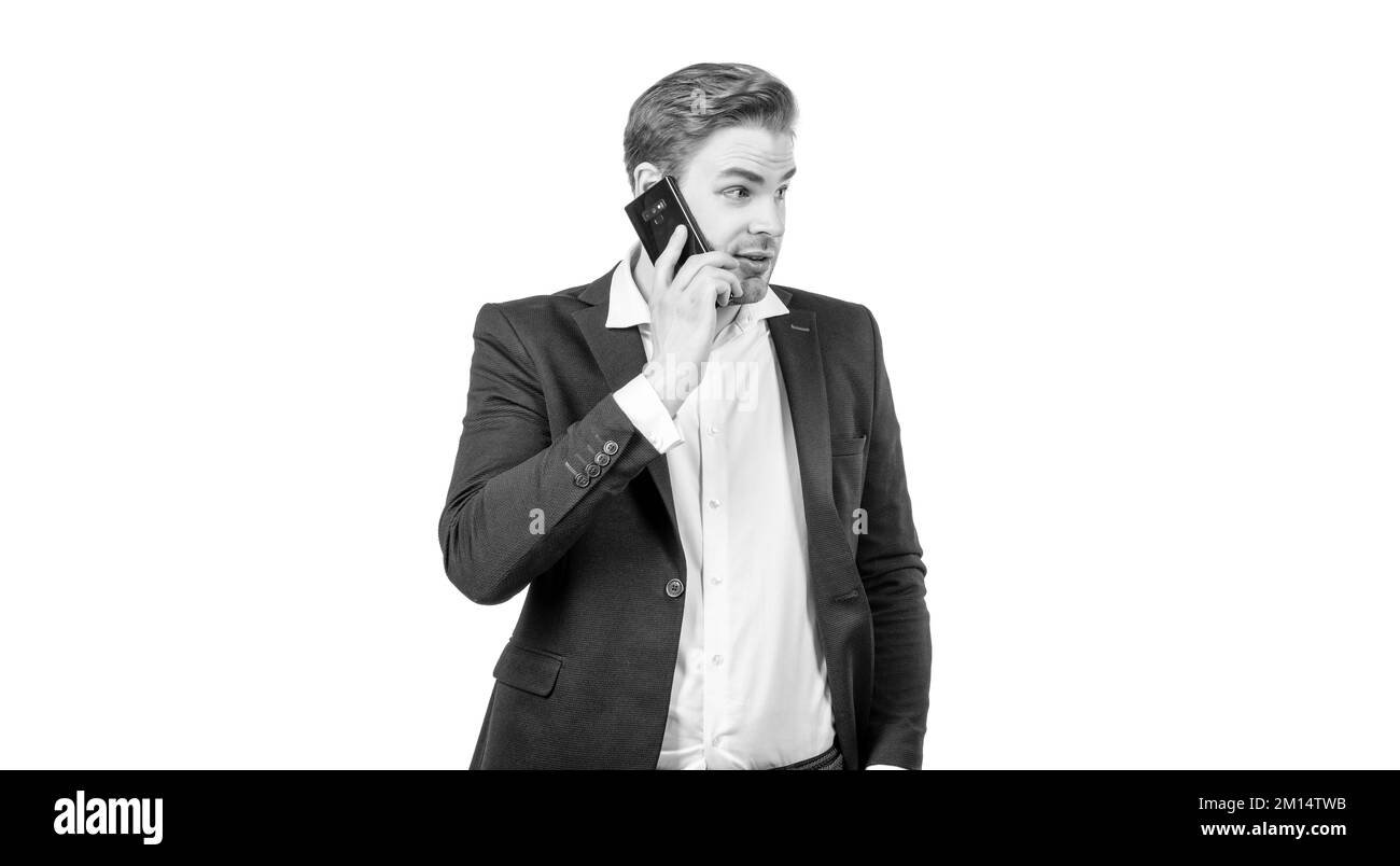Comment puis-je vous aider ?Homme d'affaires a reçu un appel téléphonique.Appel téléphonique.Communication mobile Banque D'Images