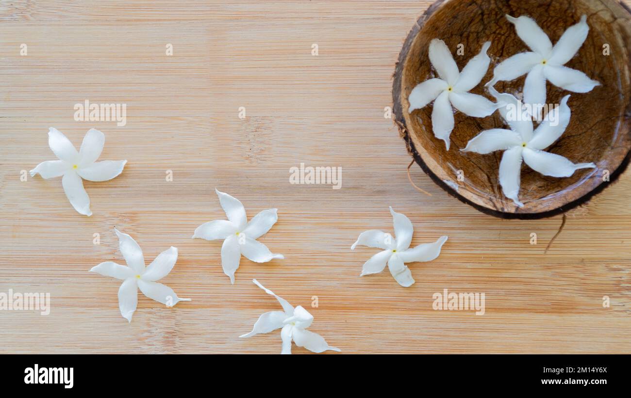 Décor de fleurs, fleurs blanches dans l'eau dans un bol de noix de coco, fond Banque D'Images