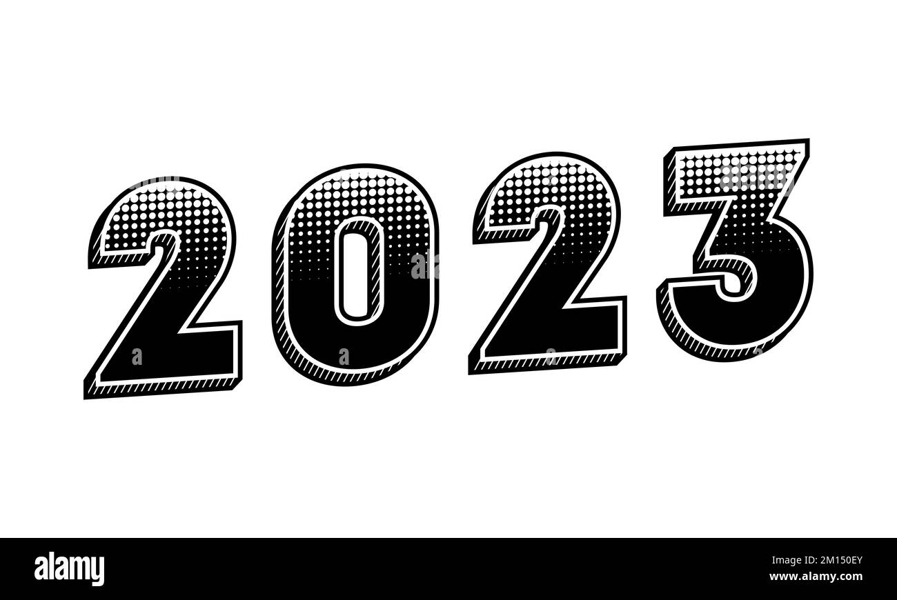 2023 nombres en noir et blanc demi-ton. Effet de texte typographique vintage. Bannière, affiche, carte du nouvel an heureux. Élément de conception de texte rétro 2023. Vecteur Illustration de Vecteur