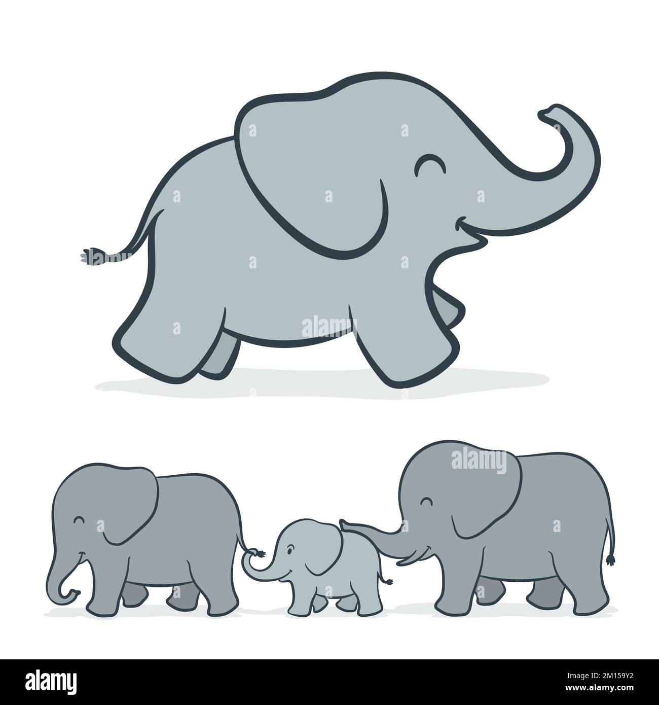 Adorable illustration de dessin animé d'un bébé éléphant amusant avec une vue complète de toute la famille marchant dans une ligne. Vecteur tracé à la main. Illustration de Vecteur