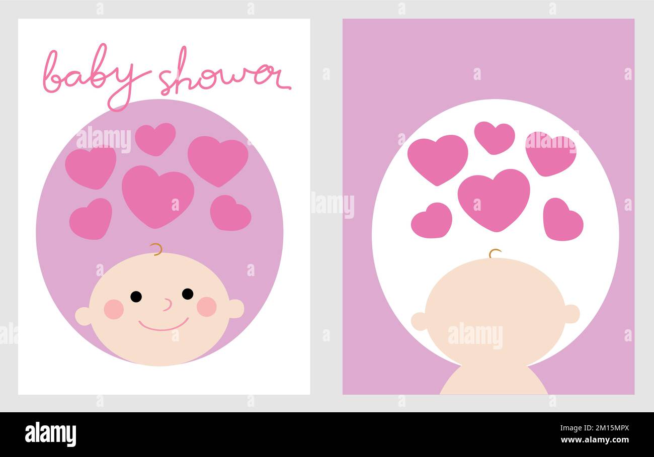 Carte de voeux pour douche de bébé. Pour la fête de douche de bébé. Visage de bébé dans un cadre de forme ronde avec des coeurs et du texte dessiné à la main. Mignon main dessiné des deux côtés de gre Illustration de Vecteur