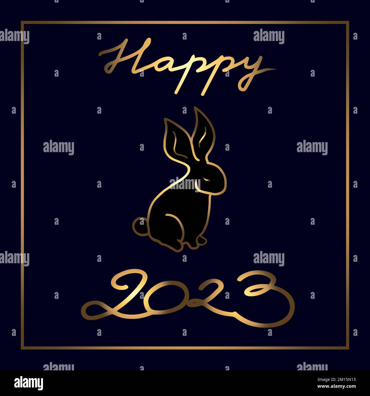 Heureux 2023. Carte de célébration du nouvel an chinois avec un symbole de l'année. Lettrage or et lapin doré dessiné à la main sur fond noir. Carte de vœux. Illustration de Vecteur