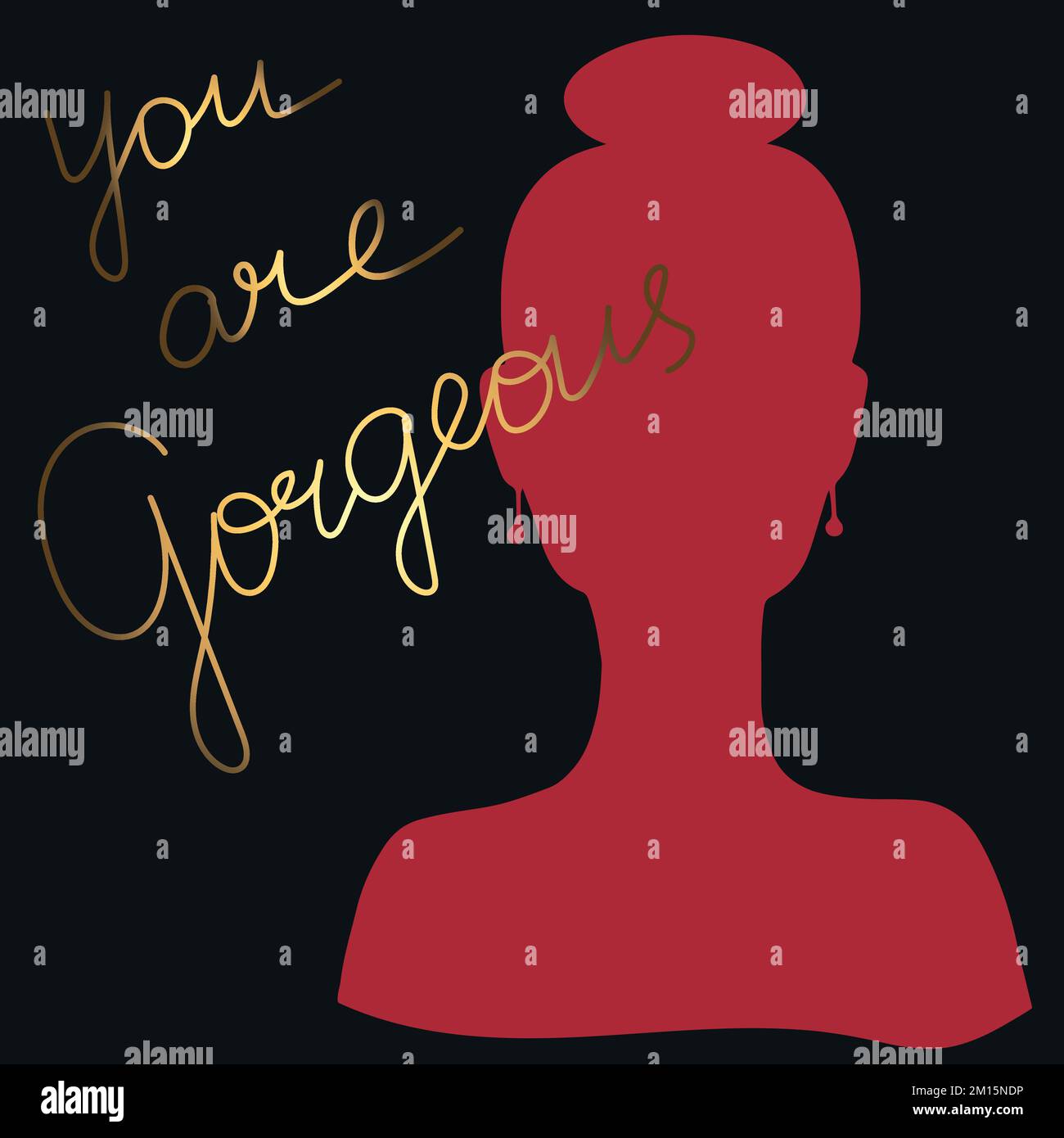 Silhouette de femme rouge sur fond noir avec une phrase dessinée à la main vous êtes magnifique dans la couleur or. Carte d'amour élégante. Compliment. Art vectoriel Illustration de Vecteur