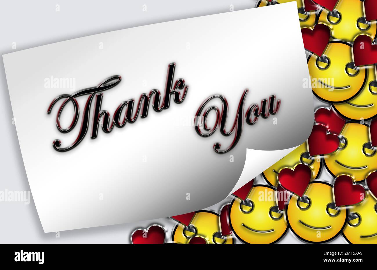 Carte de remerciement avec coeur jaune et rouge emoji dans une page pliée Banque D'Images