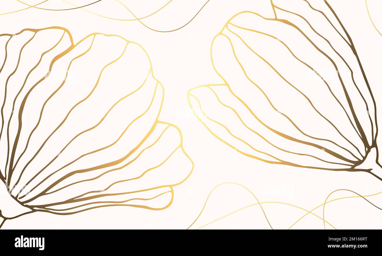 Fond doré et beige de luxe avec plantes. Contour de fleur. Dessiné à la main. Un minimum d'art. Art vectoriel Illustration de Vecteur