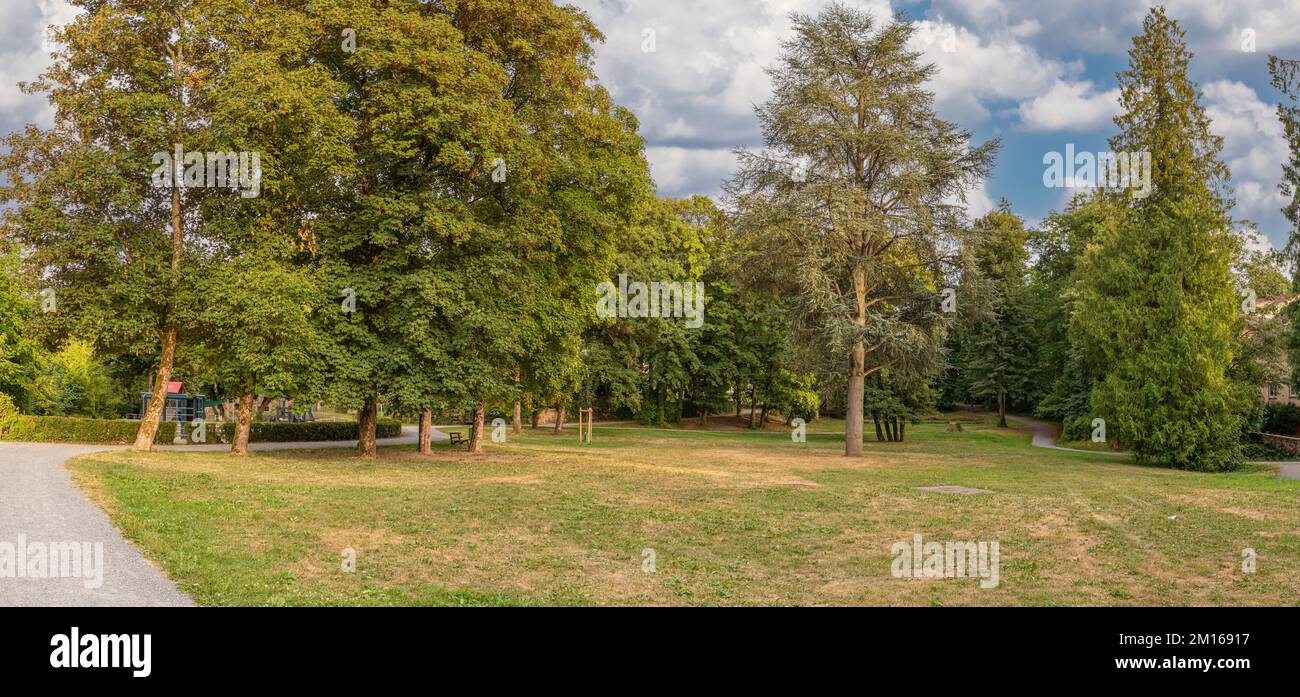 Panorama d'un parc public avec de vieux arbres dans le sud de l'allemagne à la fin de l'été avec des traces de sécheresse sur la pelouse Banque D'Images