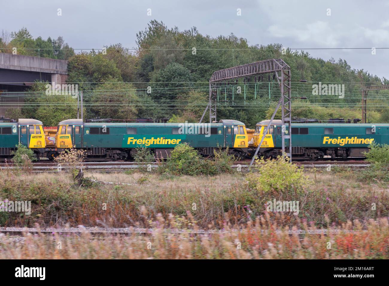 Retrait des locomotives électriques Freightliner de classe 86 stockées dans la cour du hall de Crewe Basford Banque D'Images