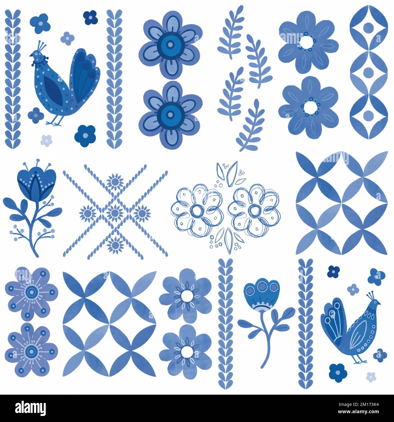 Motif floral bleu damassé à la main. Motif, décoration en mosaïque. Branche bleue, fleurs et feuilles. Élément décoratif azulejo bleu et blanc ornemental Banque D'Images