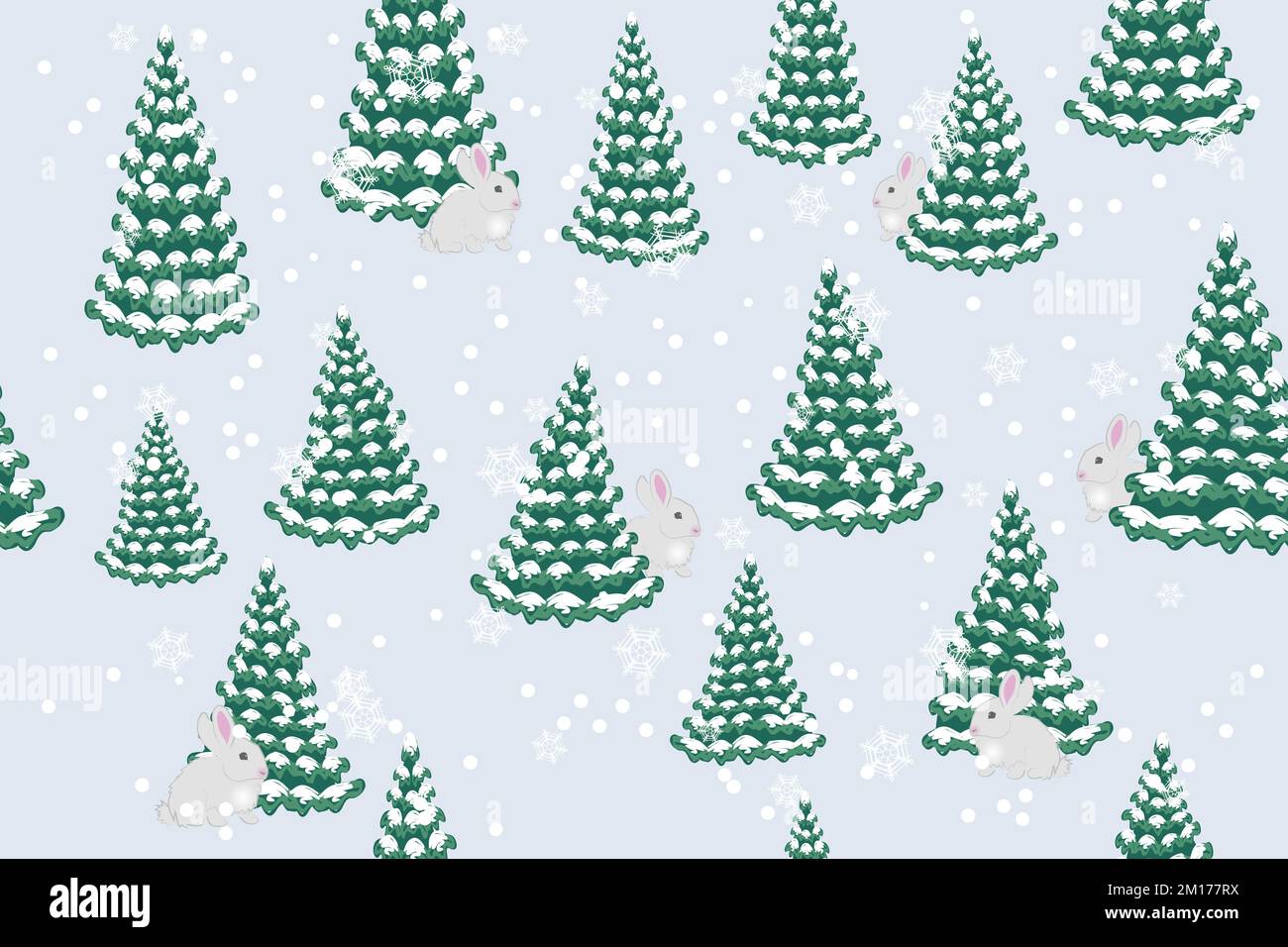 Forêt d'hiver - dessins animés arbres de Noël, lapins et neige, sans couture Illustration de Vecteur