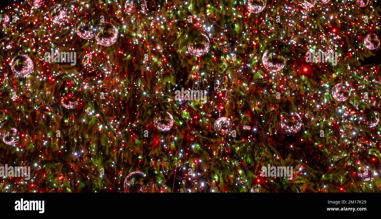 Feux rouges, blancs et verts pour arbres de Noël. Sapin de Noël à la décoration extérieure avec guirlande et boules. Image floue Bunner. Banque D'Images