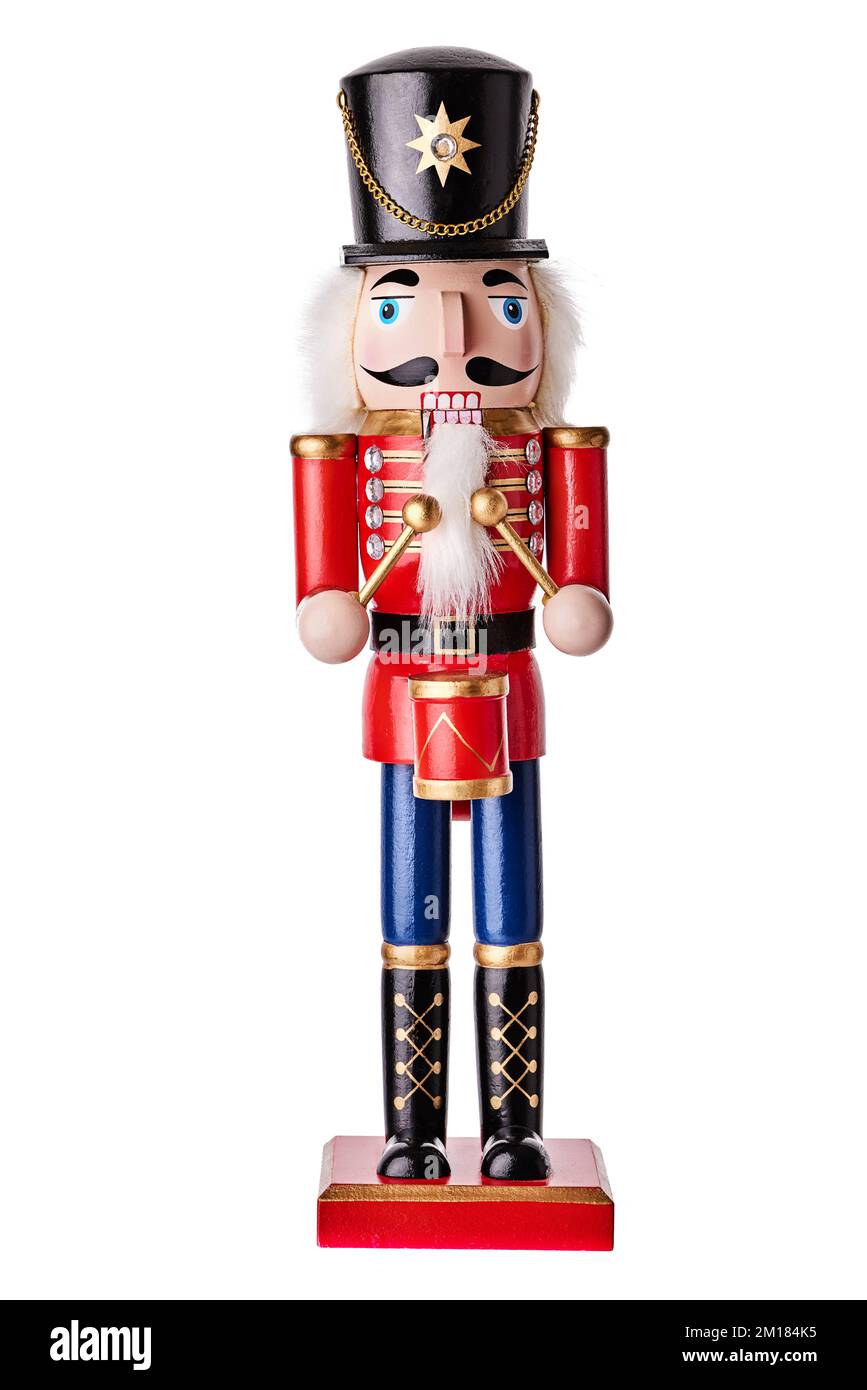 Casse-noisette soldat de Noël sur fond blanc. Décoration de Noël en bois Banque D'Images