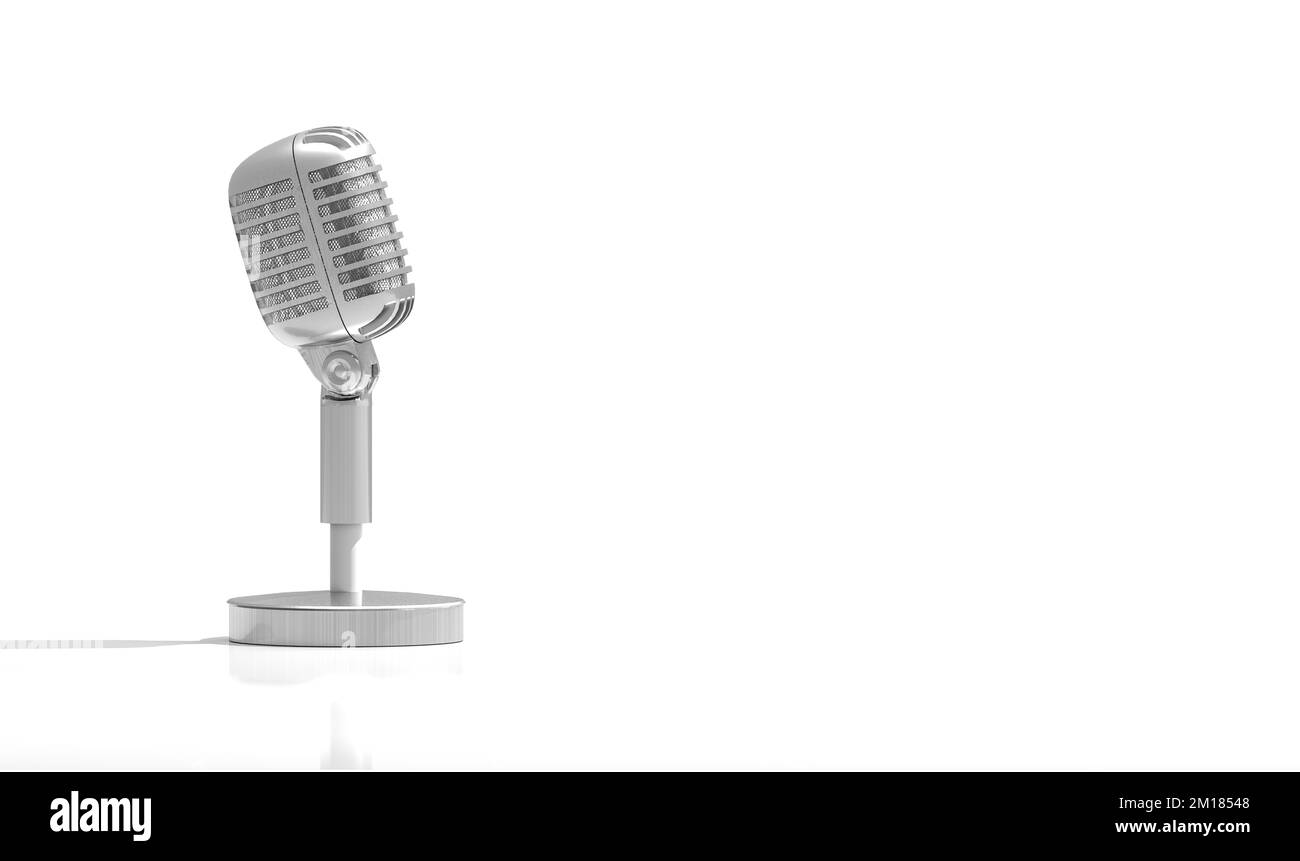 Microphone rétro isolé sur blanc. Concept podcasting et radio avec microphone rétro. microphone vintage en métal avec ombre. bannière web. 3d rendu Banque D'Images
