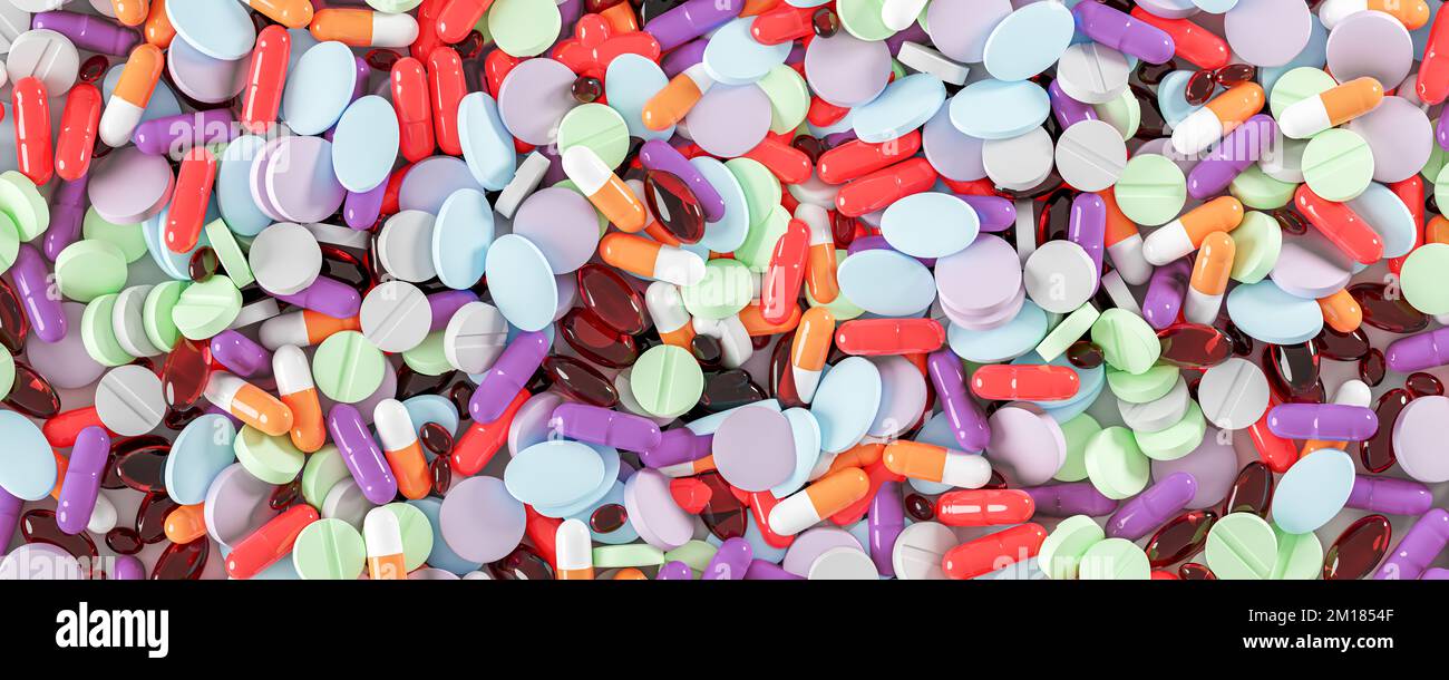 Fond de la pilule. Beaucoup de pilules colorées, des médicaments. Pharmacie, produits pharmaceutiques, suppléments et vitamines concept. Pilules, comprimés et capsules contexte t Banque D'Images