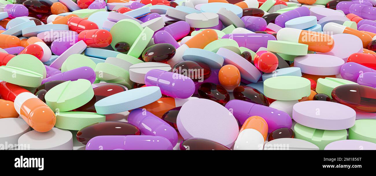 Beaucoup de pilules colorées, des médicaments. Suppléments de pilules fond. Divers comprimés et capsules comme vitamines et suppléments quotidiens concept. Pilules de médicaments. à Banque D'Images