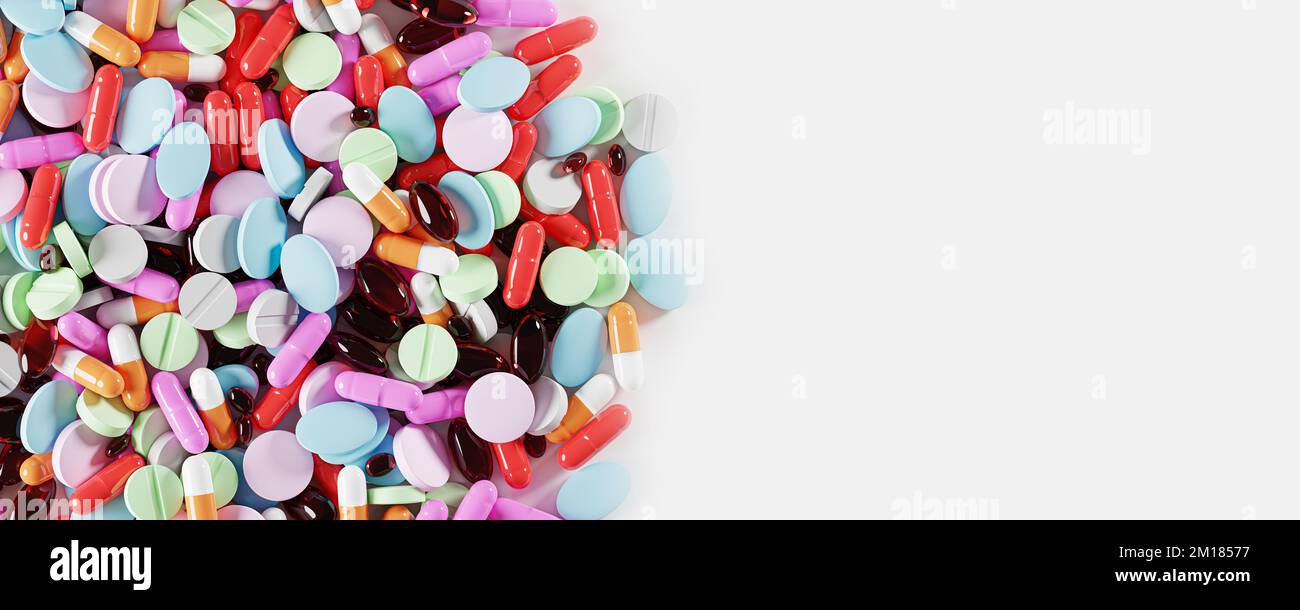 Beaucoup de pilules colorées, des médicaments. Suppléments de pilules fond. Divers comprimés et capsules comme vitamines et suppléments quotidiens concept. Pilules de médicaments. à Banque D'Images