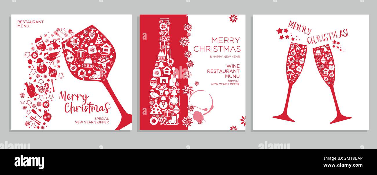 Noël arrière-plan restaurant Menu cartes ensemble avec verres de vin, bouteilles icône nouvel an dans les couleurs rouges. Carte de noël à motif vectoriel. Illustration de Vecteur