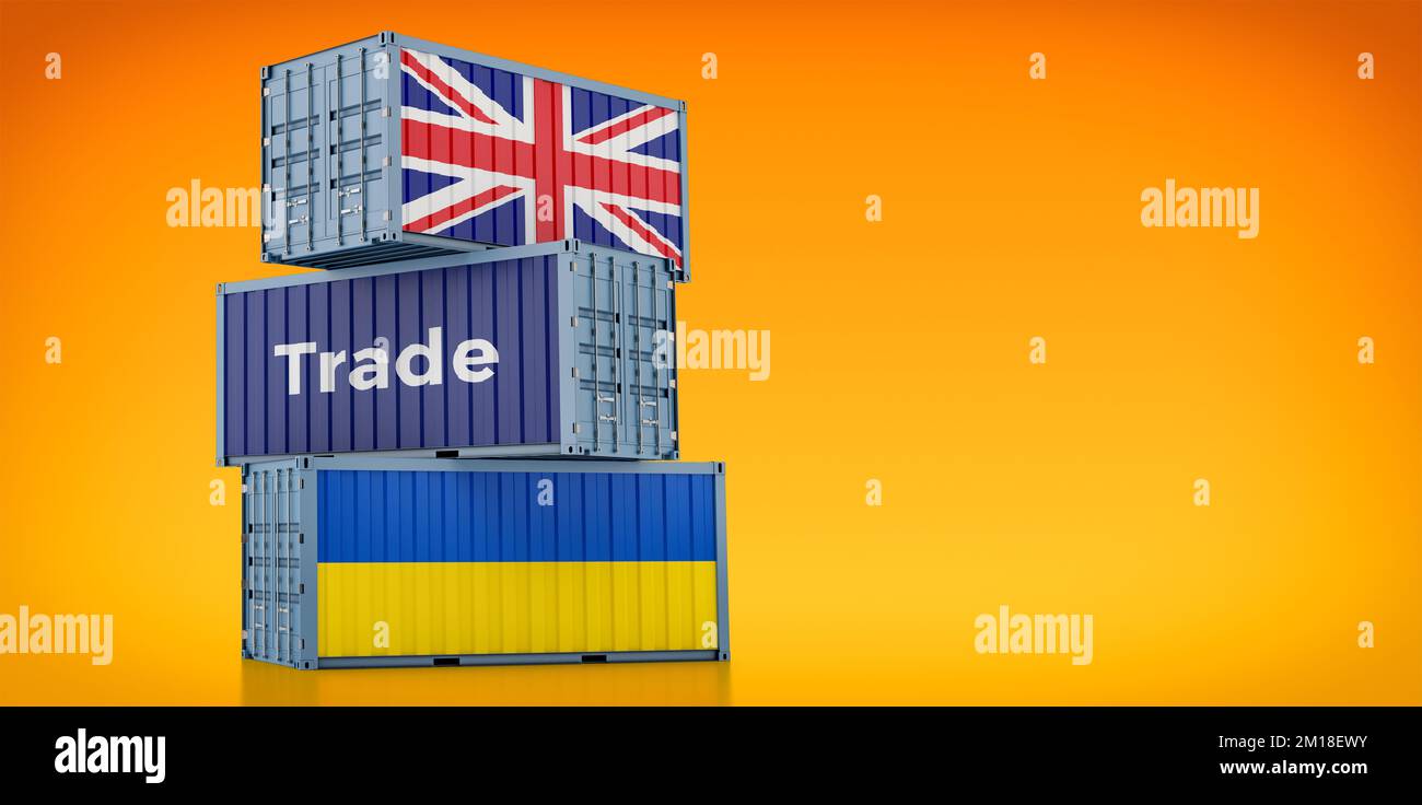 Conteneurs de marchandises avec drapeaux nationaux du Royaume-Uni et de l'Ukraine. 3D rendu Banque D'Images