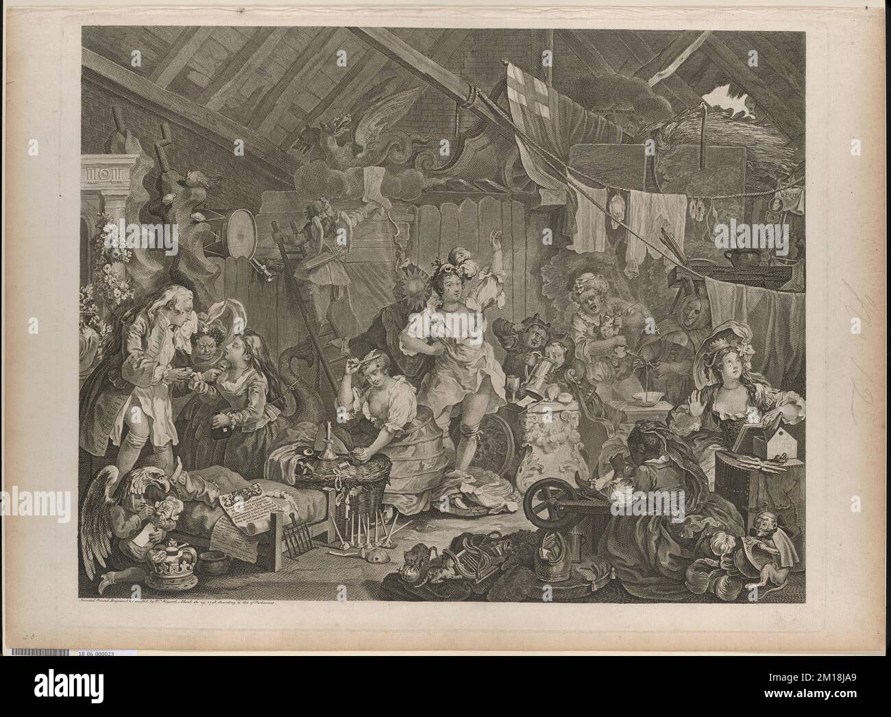 Poussette des actrices dans une grange, actrices, costumes, enfants acteurs. William Hogarth (1697-1764). Imprime Banque D'Images