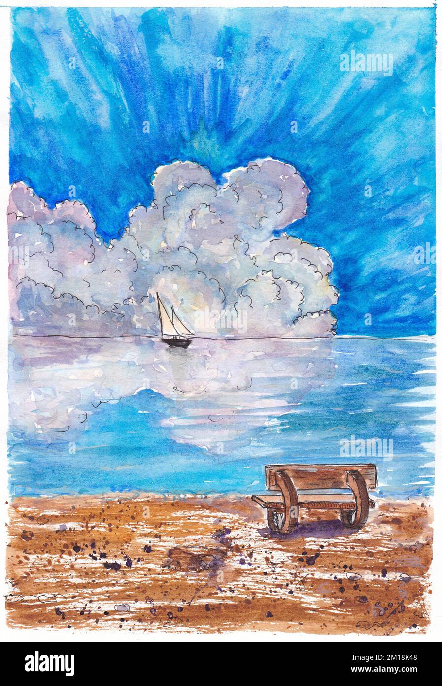 Un banc sur la mer. Le nuage se reflète dans l'eau. Aquarelle du ciel. arrière-plan. Illustration. Peinture conception faite à la main. Dessiné à la main Banque D'Images