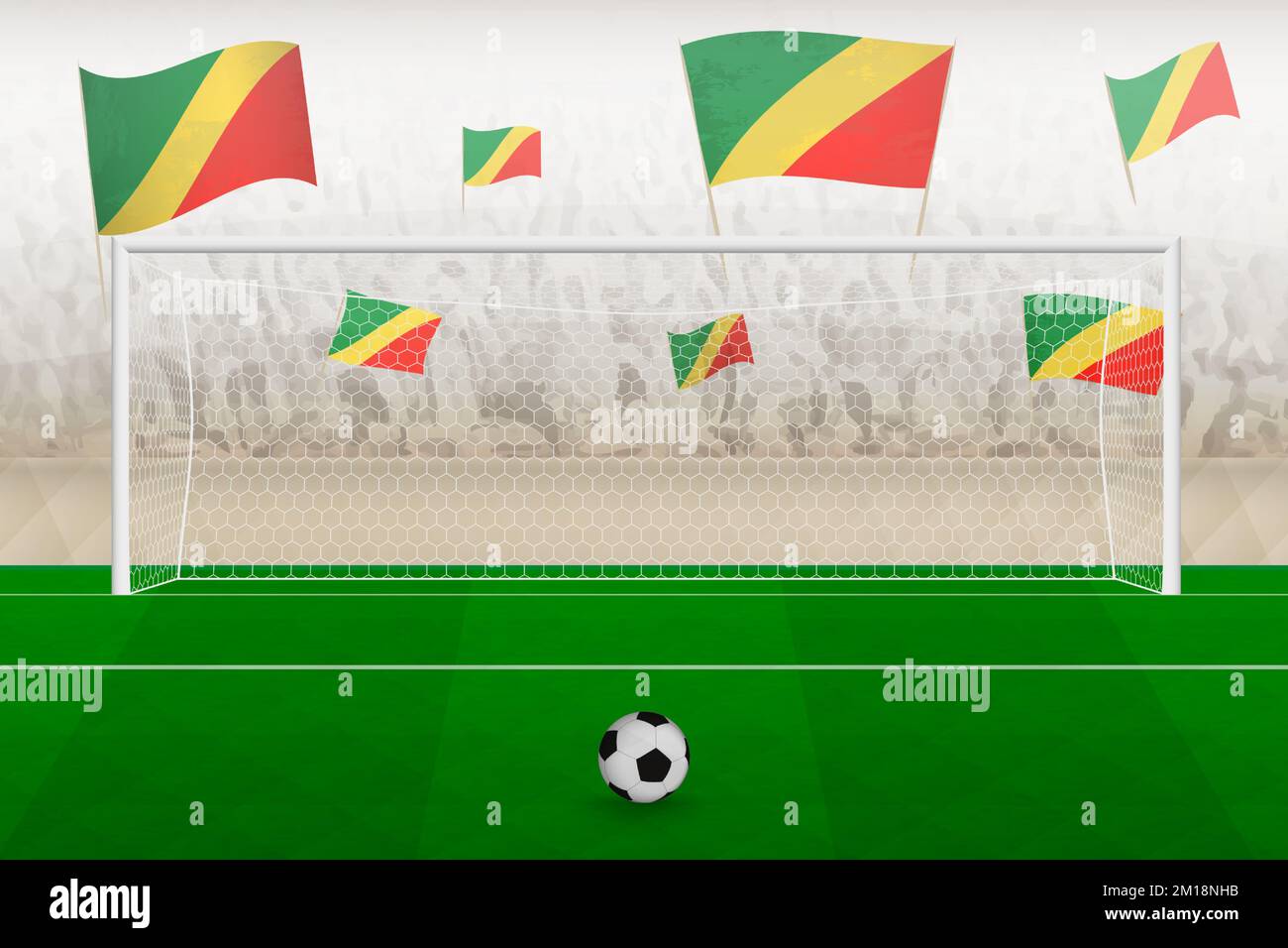 Les fans de l'équipe de football du Congo avec des drapeaux du Congo applaudissent au stade, le concept de penalty kick dans un match de football. Illustration de vecteur sportif. Illustration de Vecteur