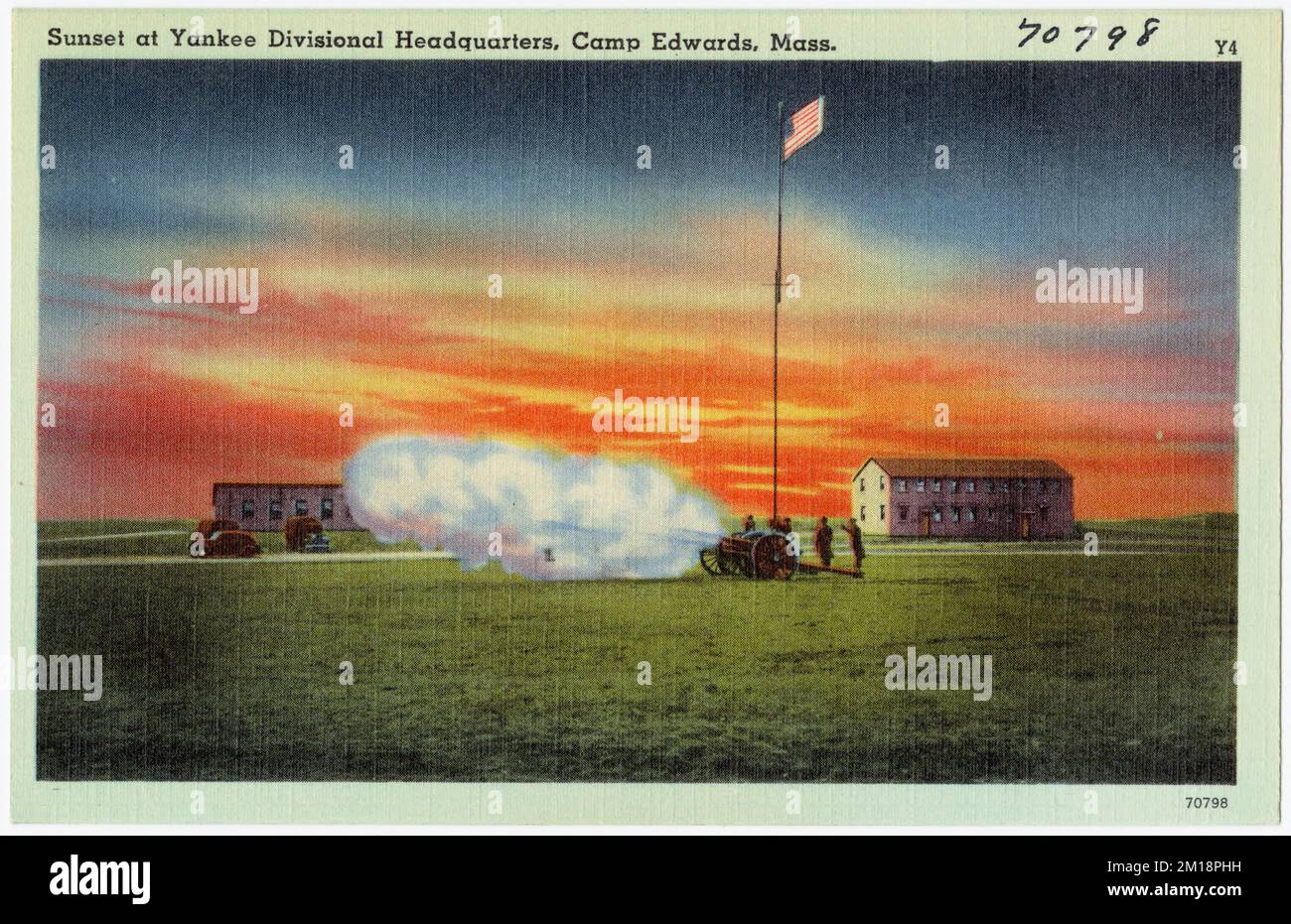 Coucher de soleil au siège de la division Yankee, Camp Edwards, Mass. , Quartier général militaire, Collection des frères Tichnor, cartes postales des États-Unis Banque D'Images