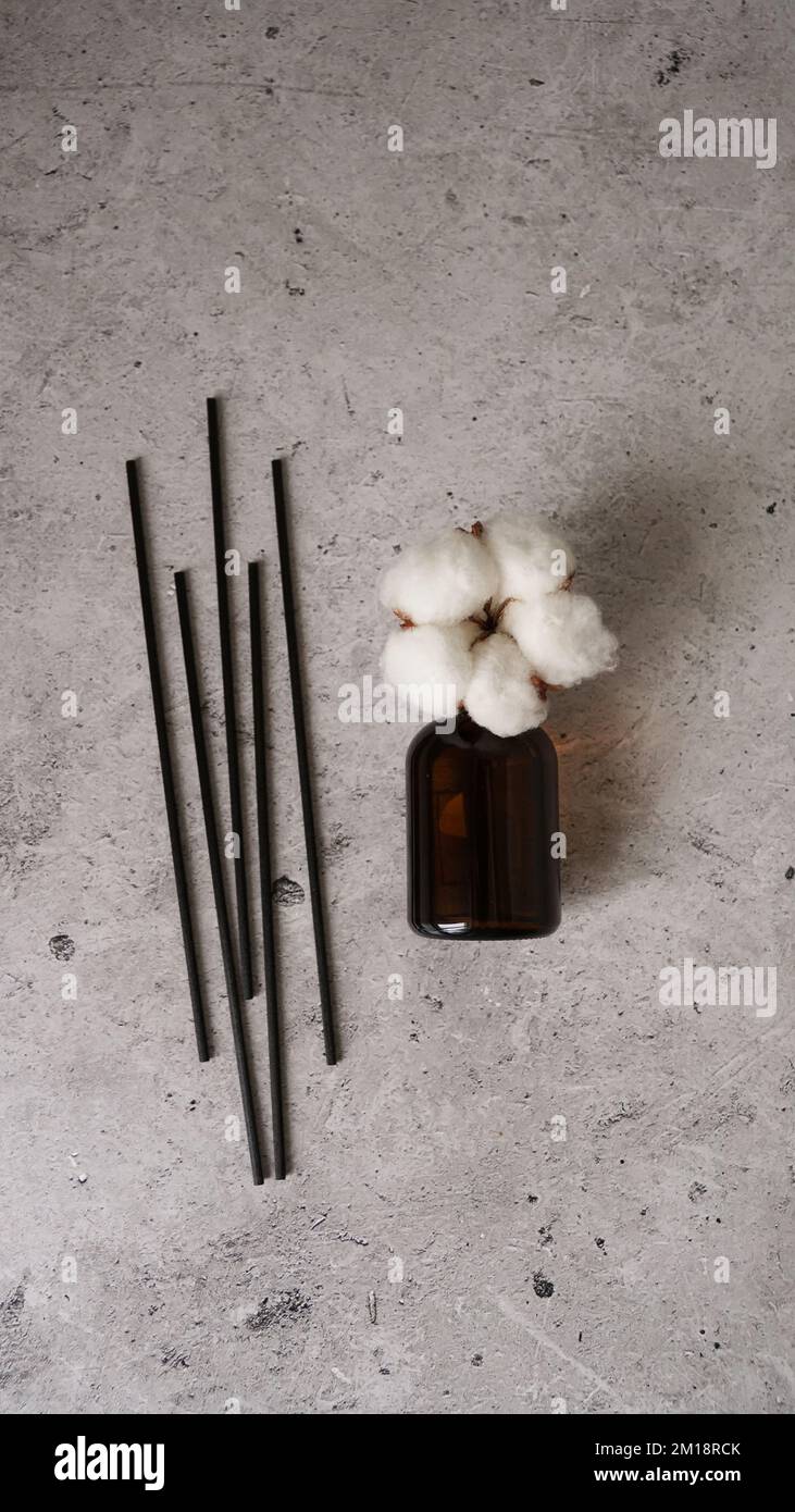 Bouteille transparente de diffuseur d'arôme. Parfum pour la maison avec fleurs de coton. Concept tendance, matériaux naturels. Photo verticale sur fond de marbre Banque D'Images
