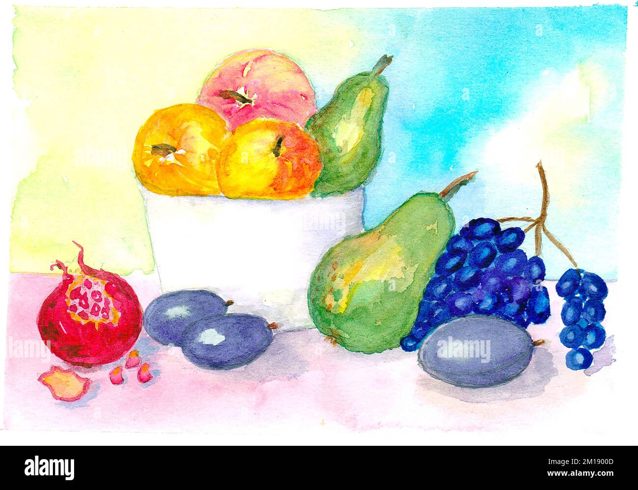 Encore la vie avec des fruits en aquarelle. Prune de fruits, poire, raisin, grenade sur la table. Illustration. Peinture conception faite à la main. Dessiné à la main Banque D'Images