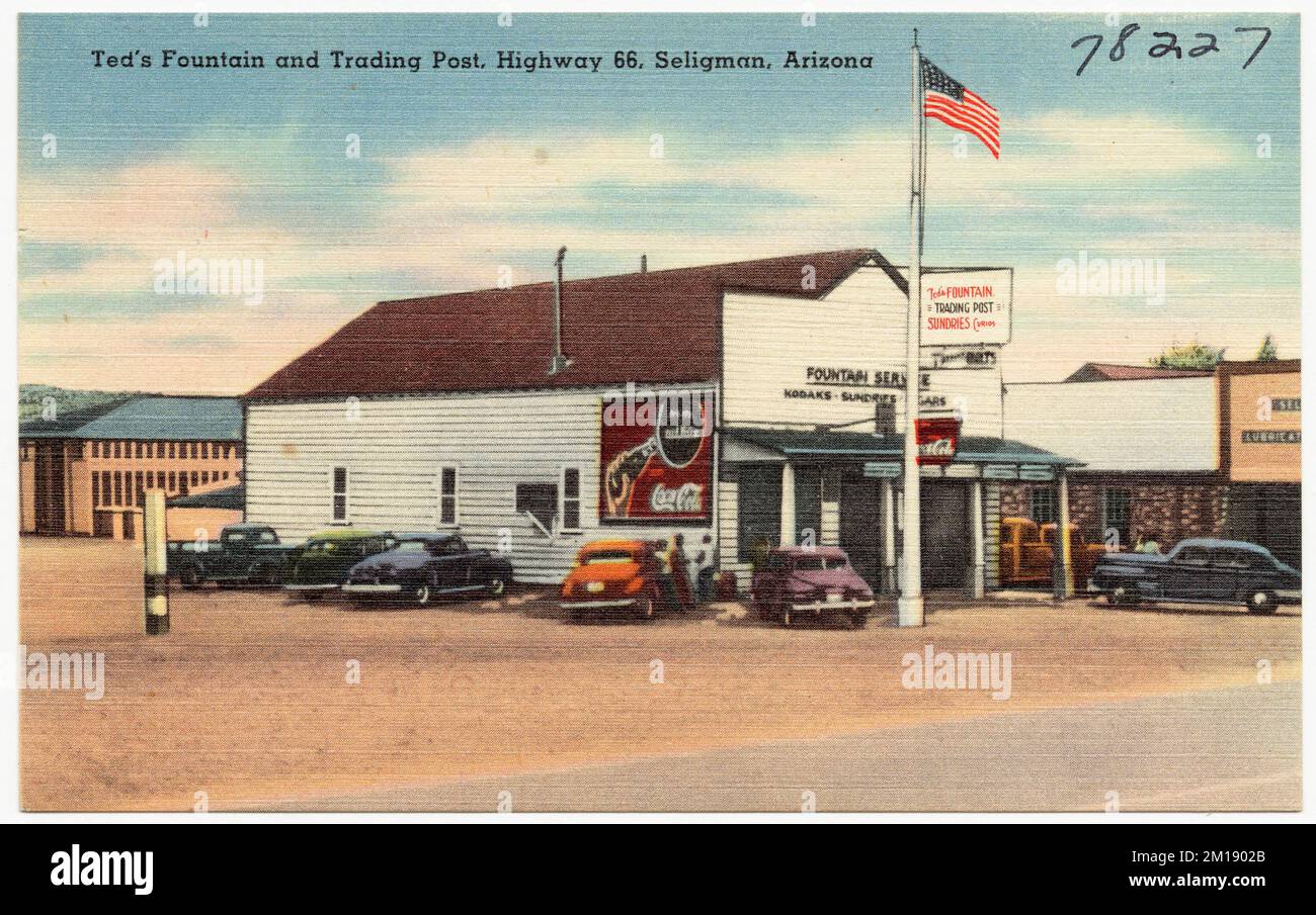 Ted's Fountain and Trading Post, Highway 66, Seligman, Arizona , installations commerciales, Tichnor Brothers Collection, cartes postales des États-Unis Banque D'Images