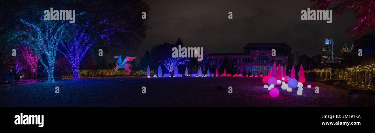Une vue panoramique d'un éclairage de Noël aux jardins botaniques d'Atlanta Banque D'Images